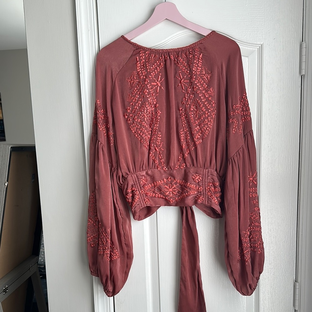 Pink Peplum Tie Front Blouse with Embellishments